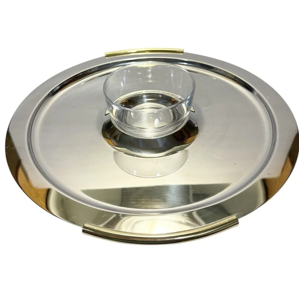 Vintage Summit 18/10 Round Steel Chip & Dip Tray Gold Handles Glass Bowl Italy